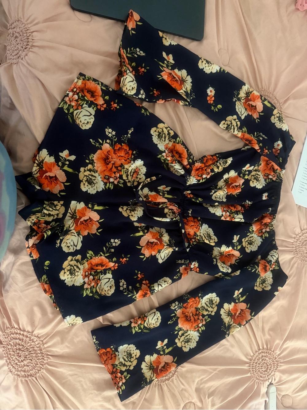 Floral Long-Sleeve Tie-Front Women's Top - Navy with Orange & Cream Flowers